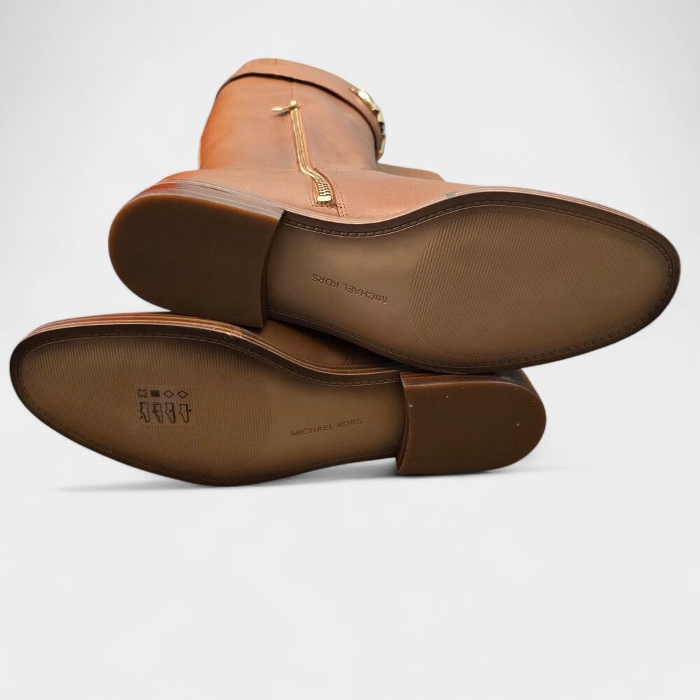 Michael Kors Izzy Tall Leather Riding Boots Luggage Tan Logo 9.5M Equestrian NWB - Picture 8 of 15